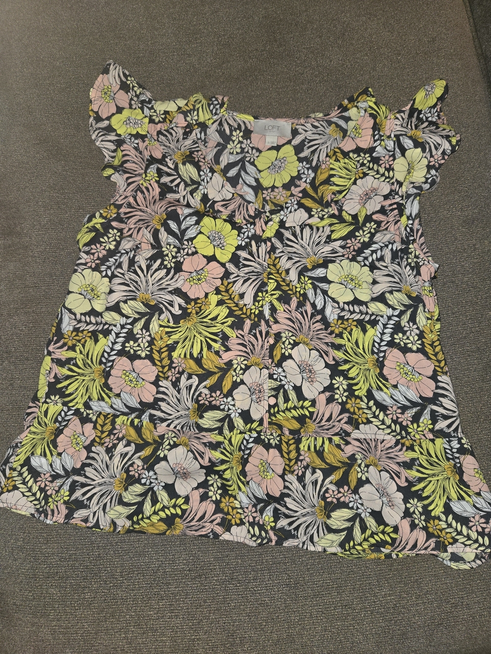 LOFT Floral Flutter Sleeve Blouse - Black Background with Pink & Yellow Flowers